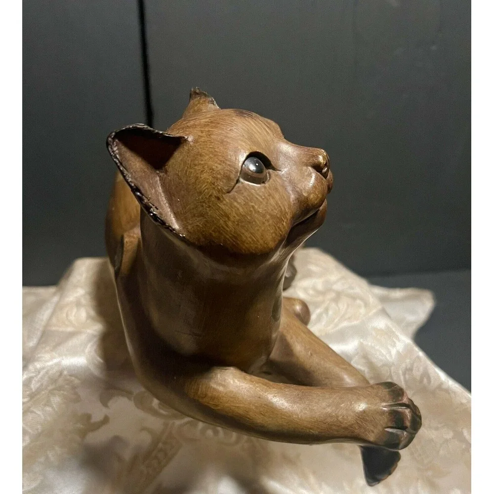 Vintage MCM Rustic Faux Wood Wooden Siamese Handcarved Cat 11